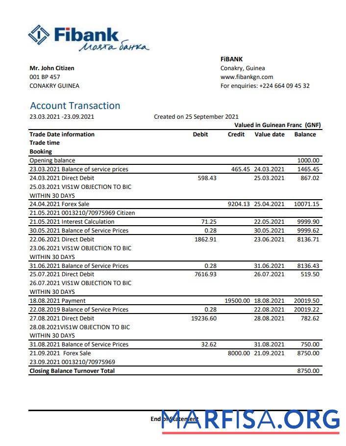 Downloadable Guinea Fibank bank statement excel sample